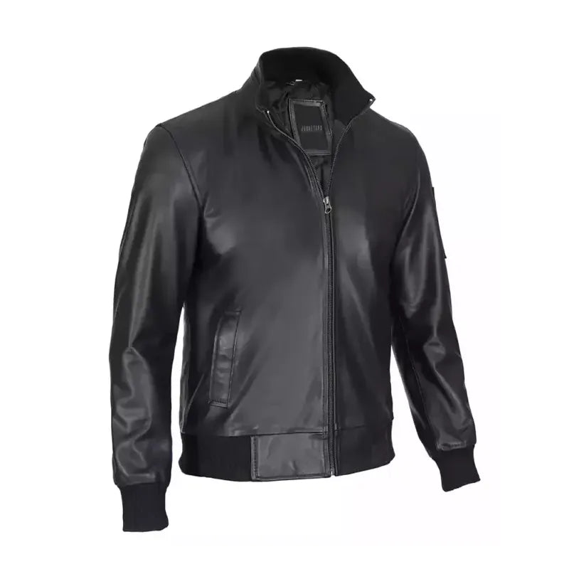 Black Cowhide Leather Bomber Jacket Mens