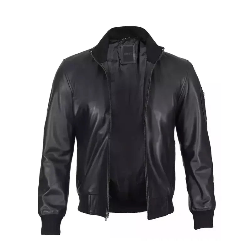 Black Cowhide Leather Bomber Jacket - For Mens