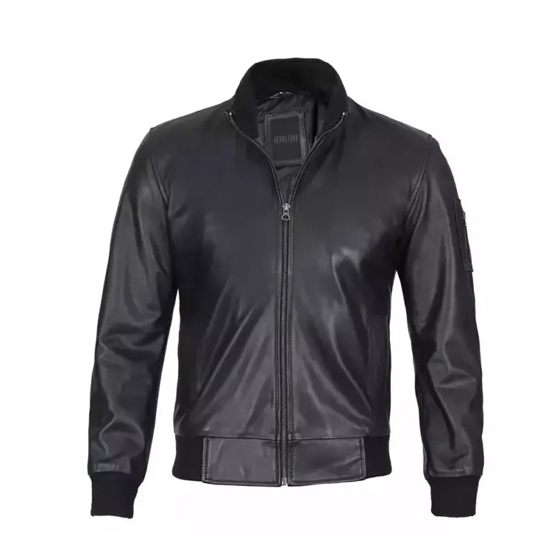 Black Leather Bomber Jacket - For Men
