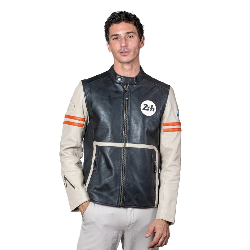 Mans Karl 24H Le Ecru Black Leather Jacket