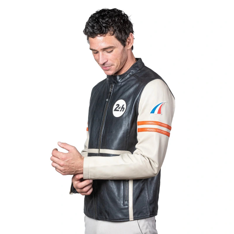 Mans Karl 24H Le Ecru Black Leather Jacket