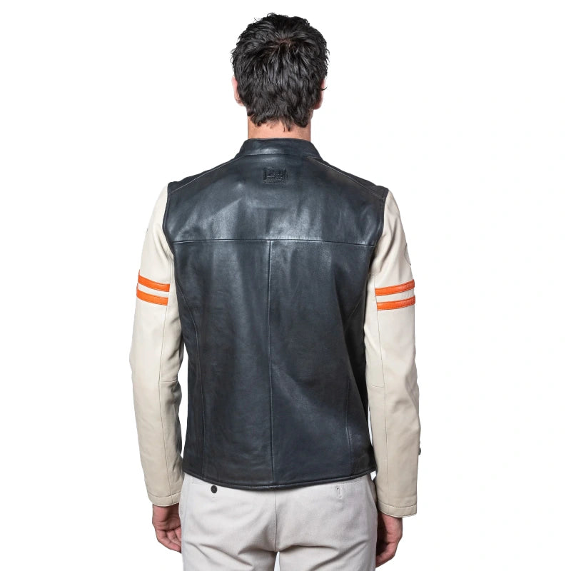Mans Karl 24H Le Ecru Black Leather Jacket