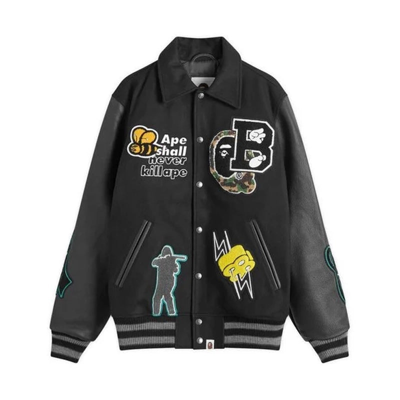A Bathing Ape Black Bape Varsity Jacket
