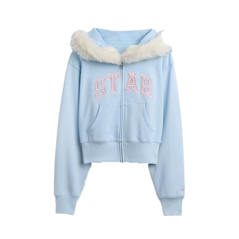 Gap × Sandy Liang Vegan Fur-Trim Crop Zip Hoodie