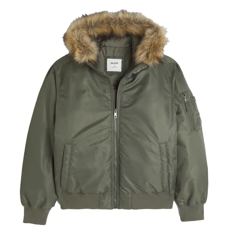 Hollister Faux Fur Trim Zip-Up Bomber Jacket