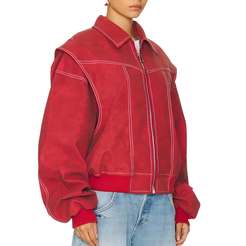 LIONESS Vista Red Oversized Bomber Jacket