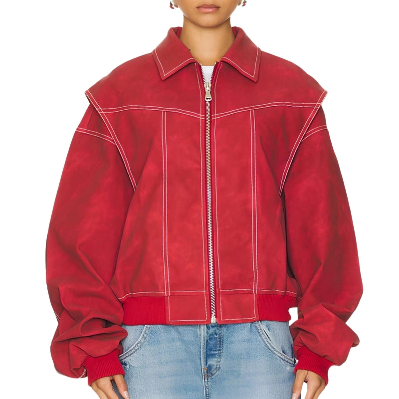 LIONESS Vista Red Oversized Bomber Jacket