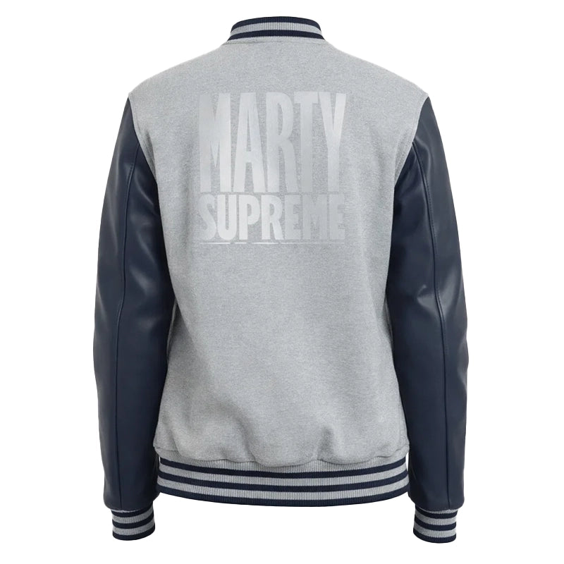 Marty Supreme Gray and Navy Blue Varsity Jacket
