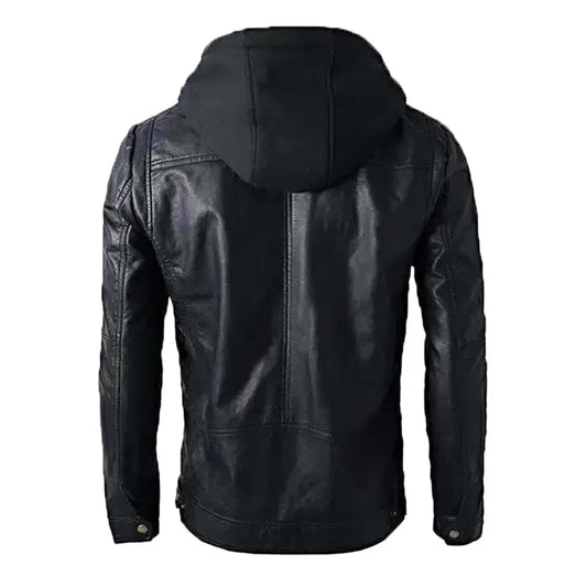 Men Hooded Black Leather Jacket