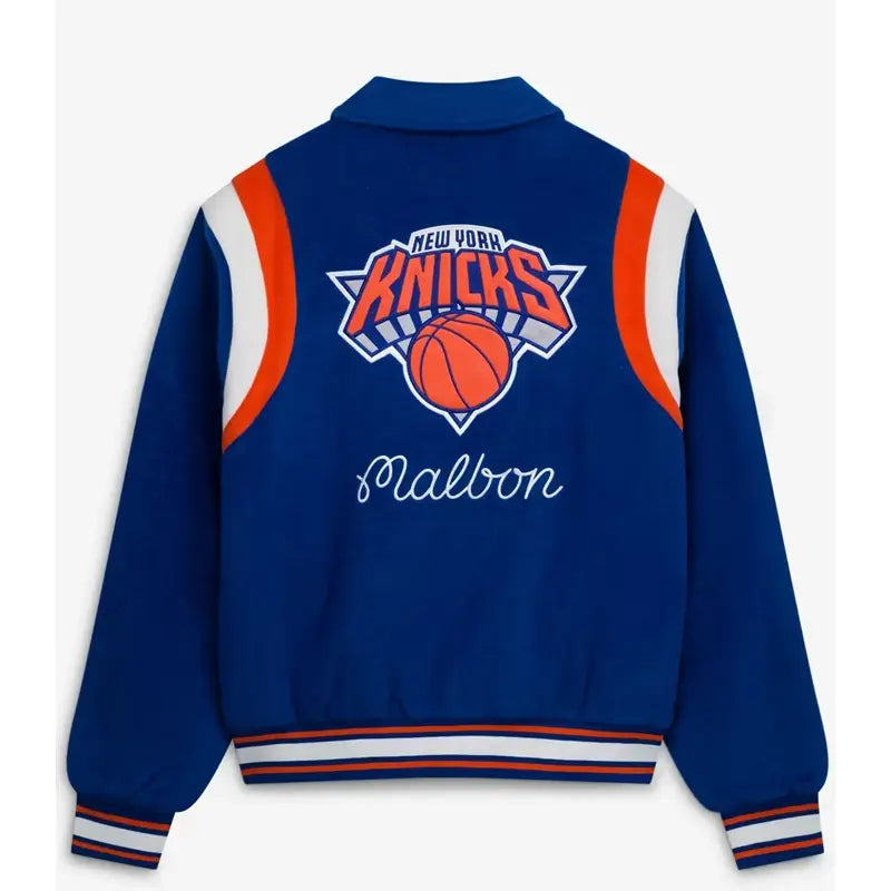 NY Knicks Malbon Golf Blue The Garden Varsity Jacket