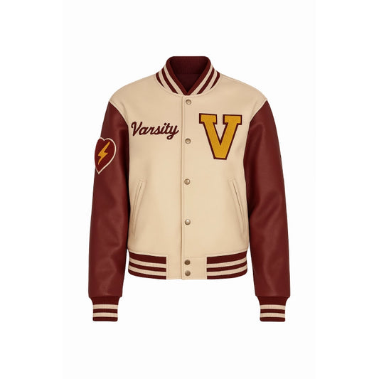 Beige ‘V’ Patch Wool Varsity Leather Jacket