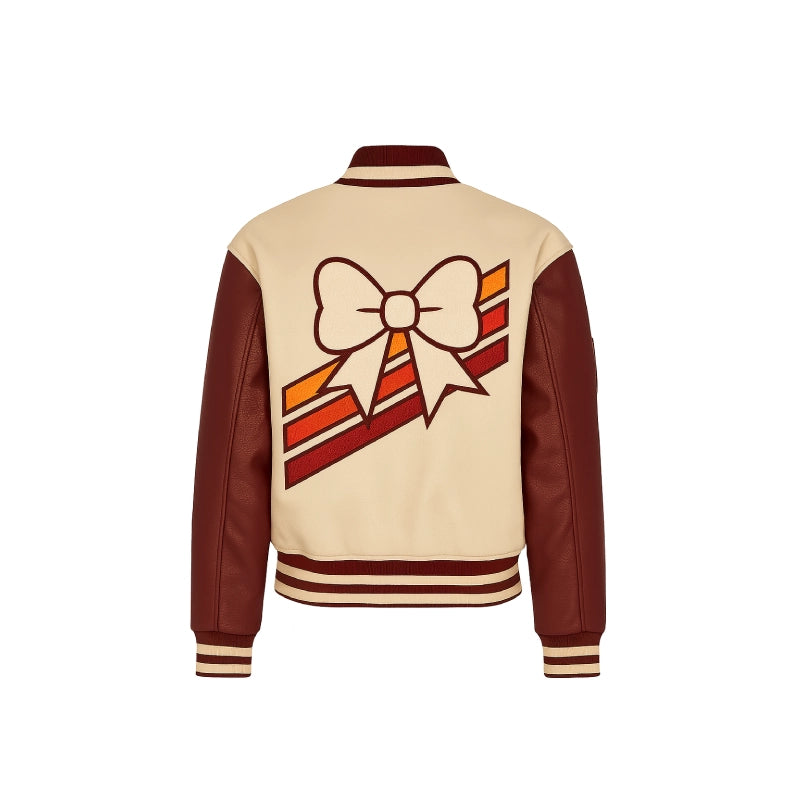 Beige ‘V’ Patch Wool Varsity Leather Jacket